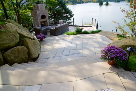 Fenton Michigan Lake House 15[Hardscapes_&_Masonry Indiana_Limestone_Full_Color_Blend™ Slabs_Pavers Smooth Landscape_Steps]
