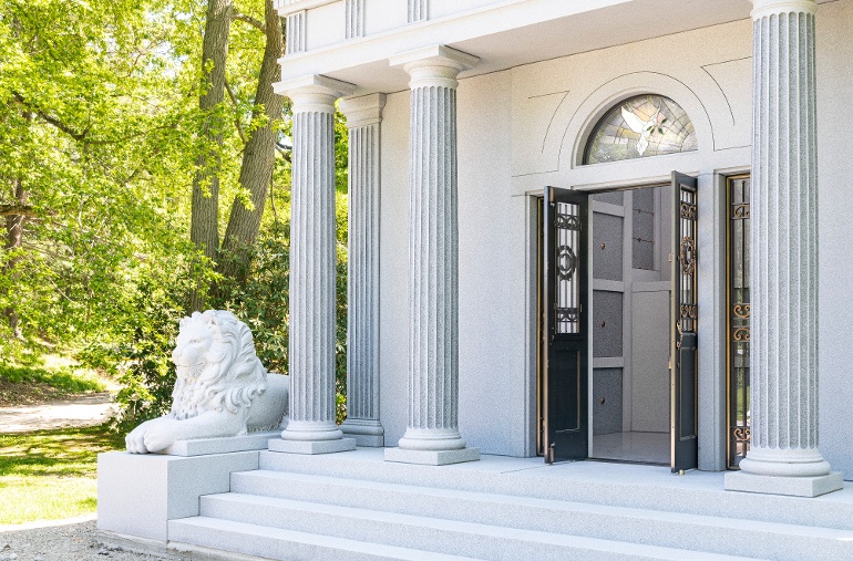 Blue Gray_Chambers Mausoleum_Entry_Lions_Door_Glass_Megan Booth-1